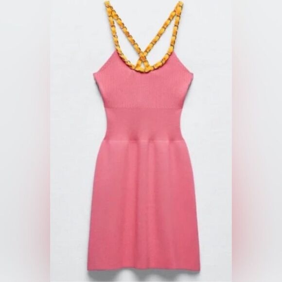 Zara Barbiecore Pink knit Dress w orange and gold straps size Small - Picture 1 of 9